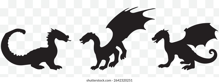 A set of silhouette dragon illustrations in various poses, set of silhouettes of dragons various dragon silhouettes.  eps 10
