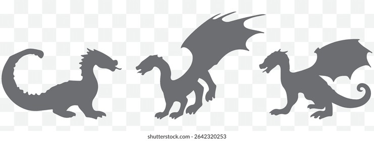 A set of silhouette dragon illustrations in various poses, set of silhouettes of dragons various dragon silhouettes.  eps 10