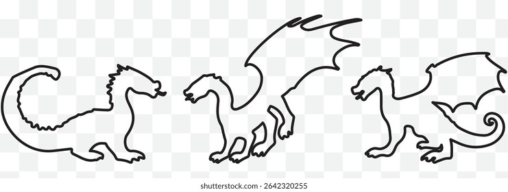 A set of silhouette dragon illustrations in various poses, set of silhouettes of dragons various dragon silhouettes.  eps 10