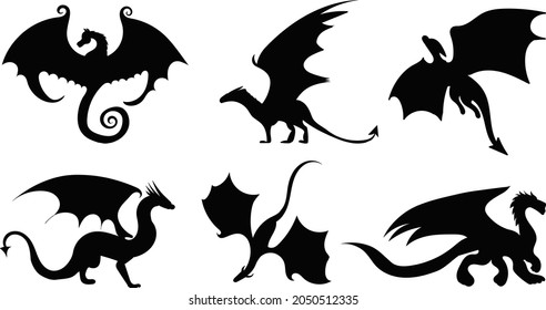 set of silhouette dragon, isolated vector