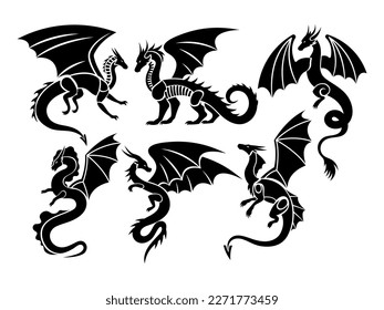 Set of silhouette dragons. Collection of ancient fantasy animals creatures. Fantastic reptile. Vector illustration isolated on white background. Tattoo.