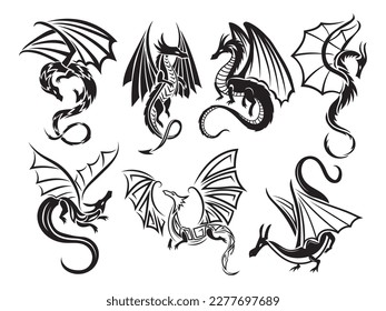 Set of silhouette dragons. Collection of ancient fantasy animals creatures. Fantastic reptile. Vector illustration isolated on white background. Tattoo.