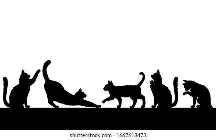 A set of silhouette drawing cats in various acting isolated on white background. There’s a copy space for your text.