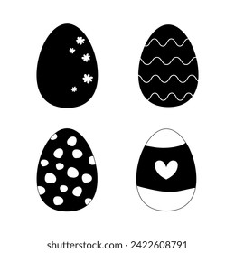 Set silhouette of Easter eggs, black and white colour.  On white isolated background 