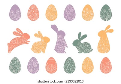 Set silhouette easter eggs and rabbit with flowers in Scandinavian style. Illustration colorful hare and eggs in pastel colors. Vector