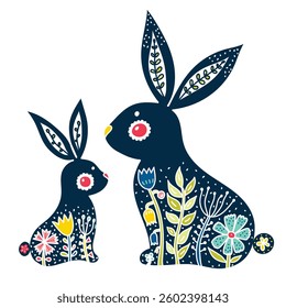 Set silhouette easter rabbit with flowers on a transparent background. Cute vintage illustration.  Folk style design.