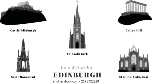 Set of silhouette of Edinburgh landmarks. Black and white Isolated vector set of UK city architecture