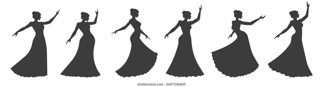 Definir silhueta de mulheres elegantes graciosas dançando em fluindo vestido longo isolado no fundo transparente