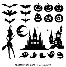 Set of silhouette elements for Halloween celebration.
