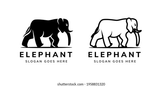Set of silhouette elephant logo template design with bold and line style. Black and white colors.