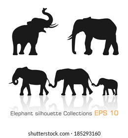 Set of silhouette elephants in different poses - Vector illustration