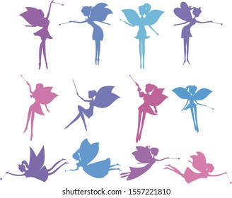 Set of silhouette fairies in cartoon style vector illustration isolated. Stencil fairy vector set. Collection of silhouette fairies with a magic wand fairy sitting, fairy standing, fairy flying.