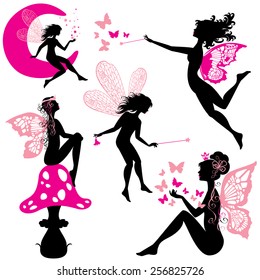 Set of silhouette fairy girls with butterflies and stars isolated on white background