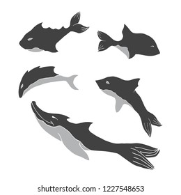 Set of silhouette fantastic cartoon fishes