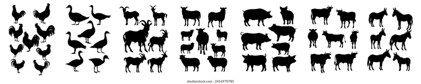 set of silhouette of farm animals. chicken, hen, duck, goose, goat, ram, sheep, lamb, pig, cow, ox, donkey. 