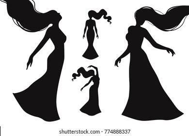 Set silhouette of a female figure, hair fluttering in waves. Woman in evening dress.