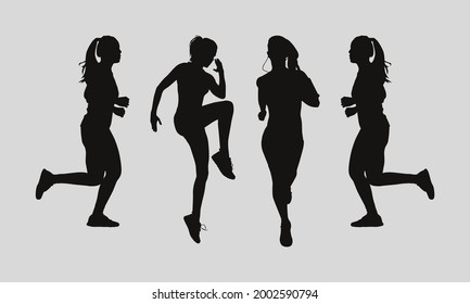 Set of silhouette female marathon vector drawing art.
