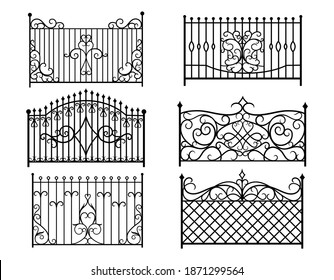 Set of silhouette fences. Collection of decorative types of fences wooden, forged metal. Vector illustrations of fences for a private area.