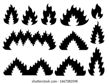 Set of silhouette fiery flame icon in cartoon and flat style. Isolated object in different forms. Vector illustration.