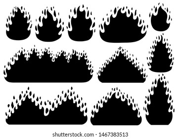 Set of silhouette fiery flame icon in cartoon and flat style. Isolated object in different forms. Vector illustration.
