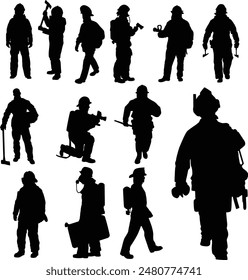 Set of silhouette of firefighter full body illustration. Fireman wearing bunker gear uniform.