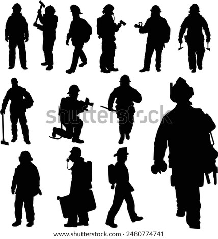 Set of silhouette of firefighter full body illustration. Fireman wearing bunker gear uniform.