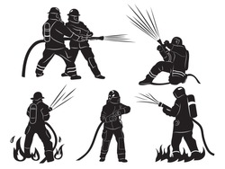Set Of Silhouette Firefighters. Collection Of Firefighters In Various Poses Firefighting With Hose. Dangerous Job. Vector Illustration Isolated On White Background.