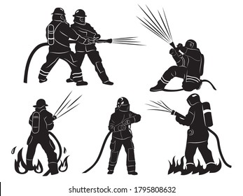 Set of silhouette firefighters. Collection of firefighters in various poses firefighting with hose. Dangerous job. Vector illustration isolated on white background.