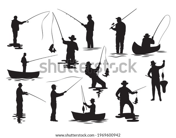 Set of silhouette fisherman.\
Collection of fishing man on the waves and of the boat. Emblem for\
fishing clubs. Vector illustration of sport hobby on white\
background.