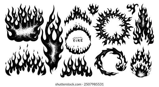 Set of silhouette flame and fire in vintage style. Hand drawn bonfire sketch. Vector clipart illustration. Line and Ink sketch. Vintage style. illustration on white background for element design. 