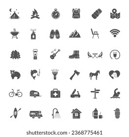 A set of silhouette flat icons for hiking, camping, outdoor recreation. Vector Illustration