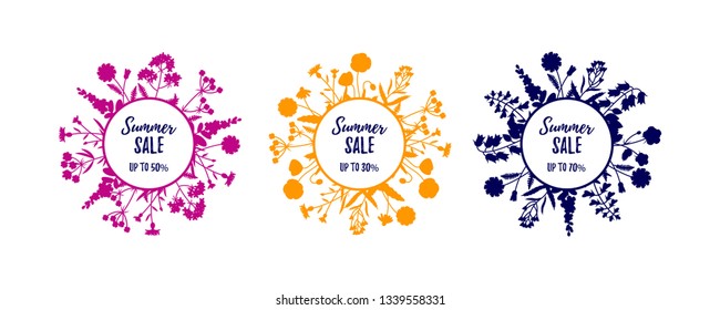 Set of silhouette floral frames isolated on white. Summer sale labels. Vector illustration