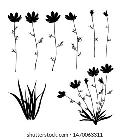 Set of silhouette flowers daisy, chamomile ahd leaves, grass,  spring and summer forest and garden field flower, black color isolated on white background