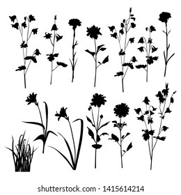 Set of silhouette flowers and grass, spring and summer forest and garden field flowers and grass, black color isolated on white background