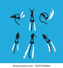 set silhouette of flyboard isolated on white background. different action, pose. extreme sport, water, hobby, summer theme. vector illustration.