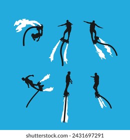 set silhouette of flyboard isolated on white background. different action, pose. extreme sport, water, hobby, summer theme. vector illustration.