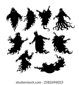 Set of silhouette flying evil spirit collection,black ghost and fantasy, Halloween dark night devil, nightmare demon or ghost evil appear magic wizard ugly silhouettes, flat vector illustration.