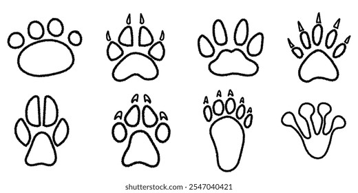 Set of silhouette footprints in brush stroke texture paint style. Traces of animals. Wild animal feet silhouette.Vector chalk graphic elements