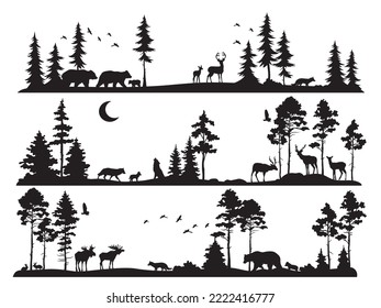 Set of silhouette forest scene. Collection of woodland animal in spruce forest. Nature landscape. Vector illustration of panorama with poplar trunks and crowns.