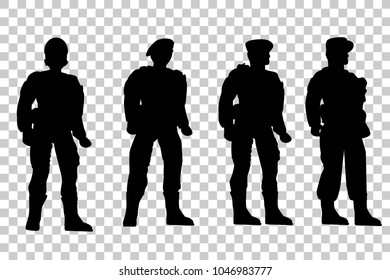 Set of Silhouette of Four Soldier, Low Angle Perspective, at Transparent Effect Background