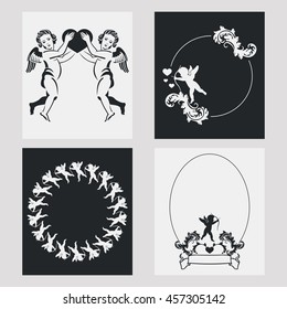 Set of silhouette frames with angels. Design element for banners, labels, prints, posters, web, presentation, invitations, weddings, greeting cards, albums. Vector clip art.