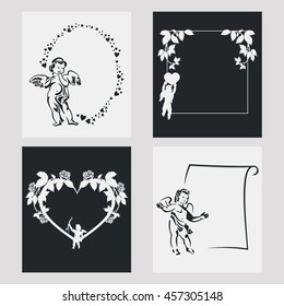 Set of silhouette frames with angels. Design element for banners, labels, prints, posters, web, presentation, invitations, weddings, greeting cards, albums. Vector clip art.