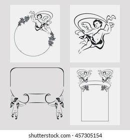 Set of silhouette frames with angels. Design element for banners, labels, prints, posters, web, presentation, invitations, weddings, greeting cards, albums. Vector clip art.