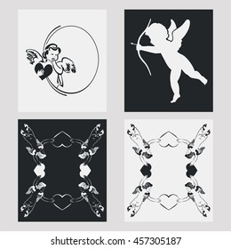 Set of silhouette frames with angels. Design element for banners, labels, prints, posters, web, presentation, invitations, weddings, greeting cards, albums. Vector clip art.