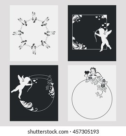 Set of silhouette frames with angels. Design element for banners, labels, prints, posters, web, presentation, invitations, weddings, greeting cards, albums. Vector clip art.