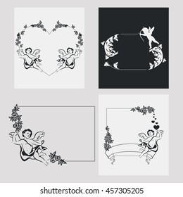 Set of silhouette frames with angels. Design element for banners, labels, prints, posters, web, presentation, invitations, weddings, greeting cards, albums. Vector clip art.