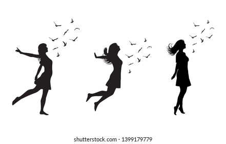 Set of Silhouette of freedom girl with  birds. Vector fashion illustration