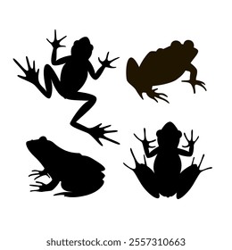 Set of silhouette of frogs. Isolated black flat cartoon silhouette of frog and toad on white background. Top and side view