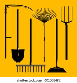 Set of Silhouette Garden Equipment Isolated on Yellow Background, Farming Tools , Pitchfork and Hoe, Rake and Shovel with Scythe, Vector Illustration