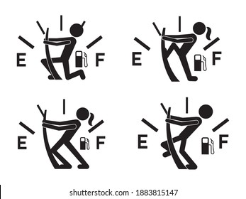 Set of silhouette gas gauge on auto. Collection of funny fuel gauge meter with figure man. Car dial gasoline dashboard. Vector illustration isolated on white background .